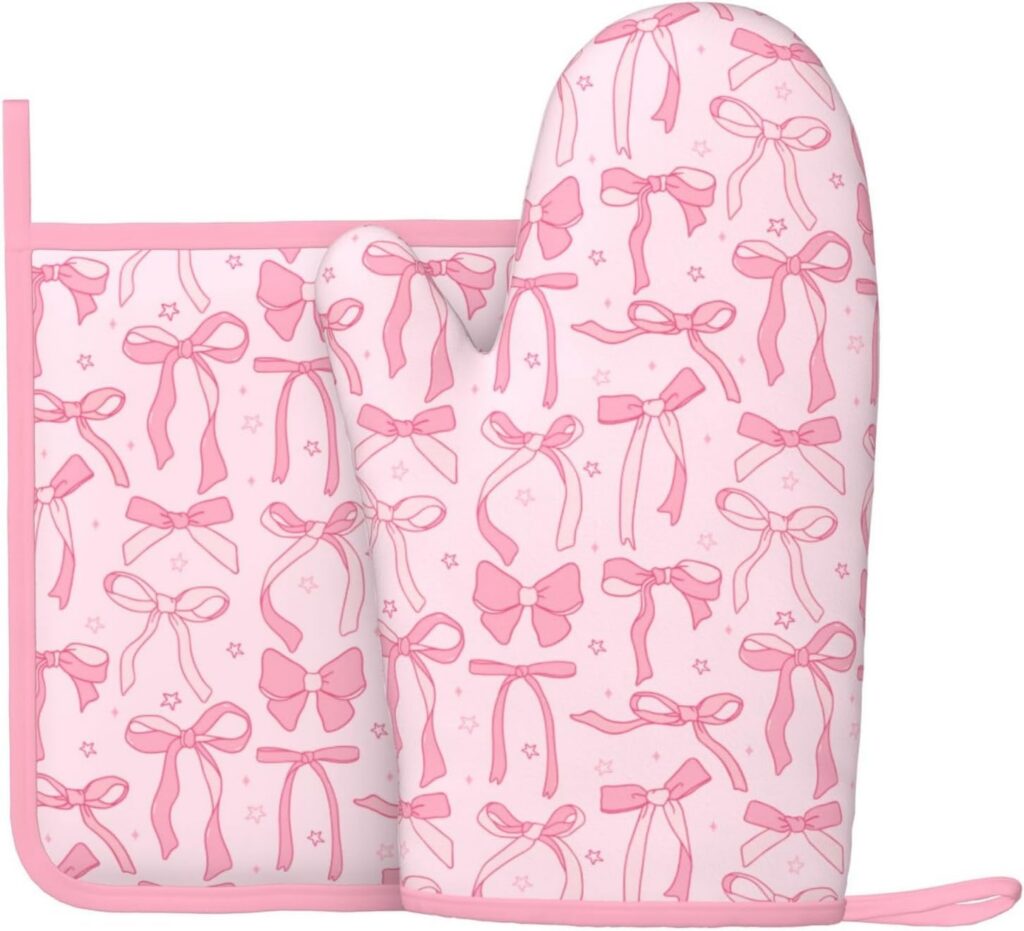 Pink ribbon bow oven mitt and pot holder set with heat-resistant insulation and non-slip silicone grip, designed for baking, cooking, grilling, and stylish pink kitchen décor.