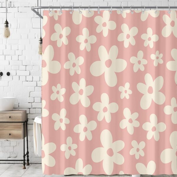 Cute retro pink floral shower curtain featuring colorful 70s-inspired abstract flowers on water-resistant polyester fabric with reinforced grommets and 12 hooks for vintage aesthetic bathroom décor.
