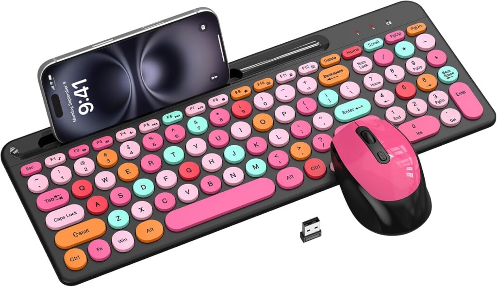 EDJO retro wireless keyboard and mouse combo featuring colorful pink and black round keycaps, numeric keypad, adjustable DPI mouse, and 2.4GHz wireless connectivity for stylish desktop setups.