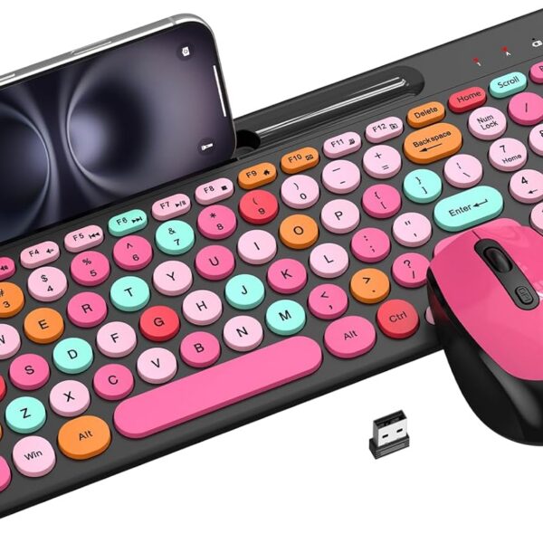 EDJO retro wireless keyboard and mouse combo featuring colorful pink and black round keycaps, numeric keypad, adjustable DPI mouse, and 2.4GHz wireless connectivity for stylish desktop setups.