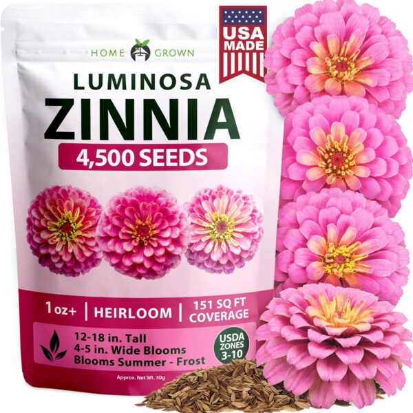 Packet of HOME GROWN Pink Luminosa zinnia seeds containing 4,500 heirloom flower seeds for growing large double rose-pink blooms that attract pollinators and thrive in sunny summer gardens.