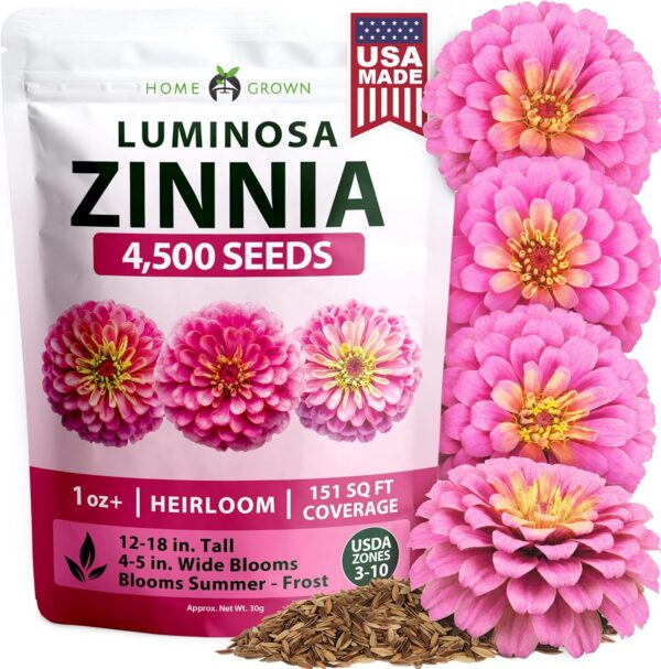 Packet of HOME GROWN Pink Luminosa zinnia seeds containing 4,500 heirloom flower seeds for growing large double rose-pink blooms that attract pollinators and thrive in sunny summer gardens.