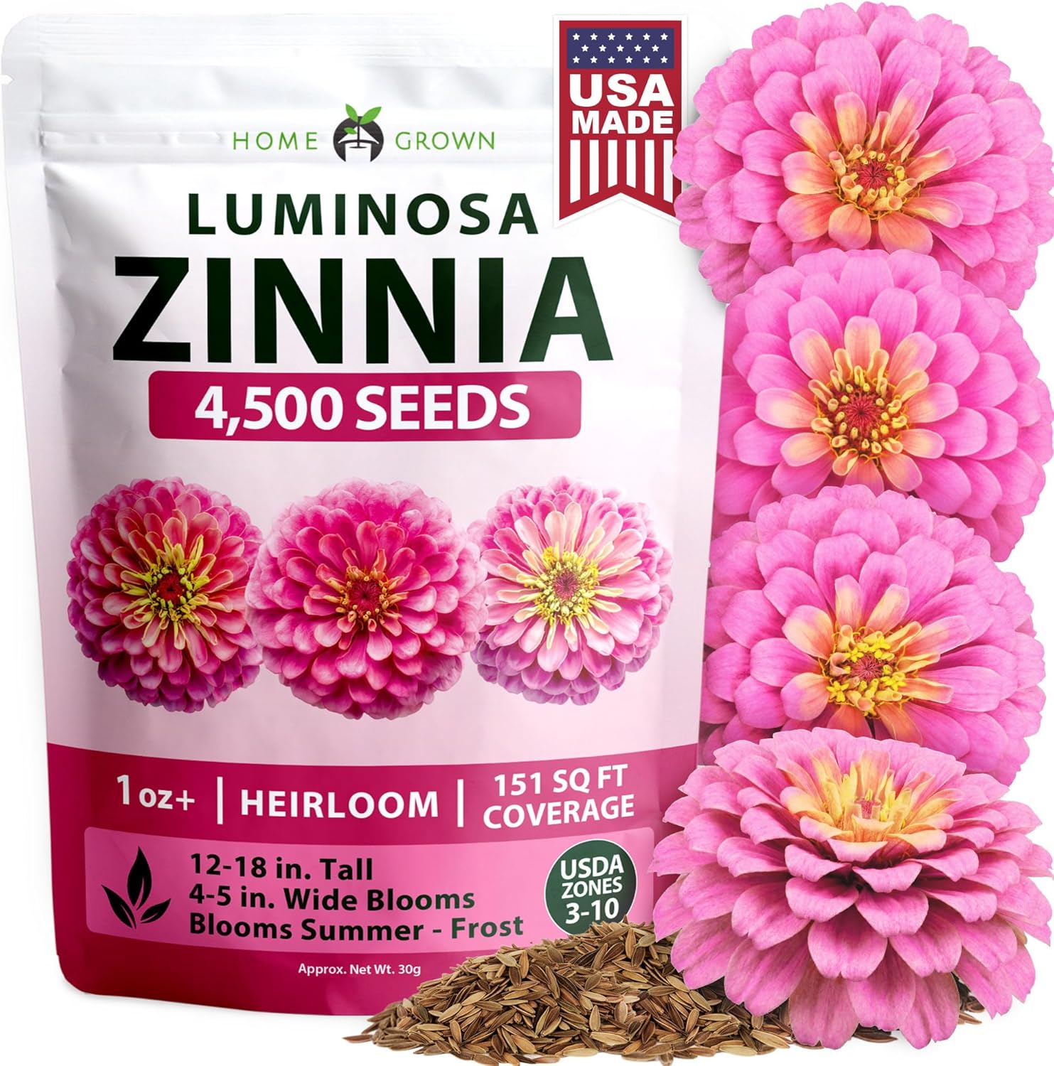 home-grown-pink-luminosa-zinnia-seeds Packet of HOME GROWN Pink Luminosa zinnia seeds containing 4,500 heirloom flower seeds for growing large double rose-pink blooms that attract pollinators and thrive in sunny summer gardens.