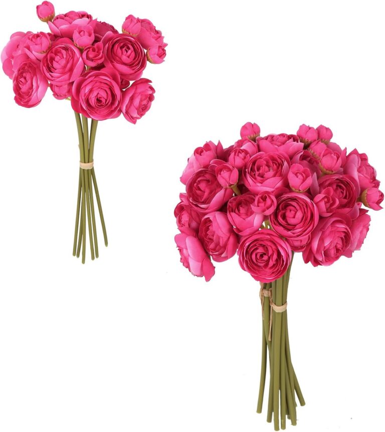 Set of twelve hot pink artificial ranunculus silk flowers with flexible wired stems and realistic layered blooms, perfect for wedding bouquets, floral centerpieces, DIY arrangements, home décor, and decorative vase displays.