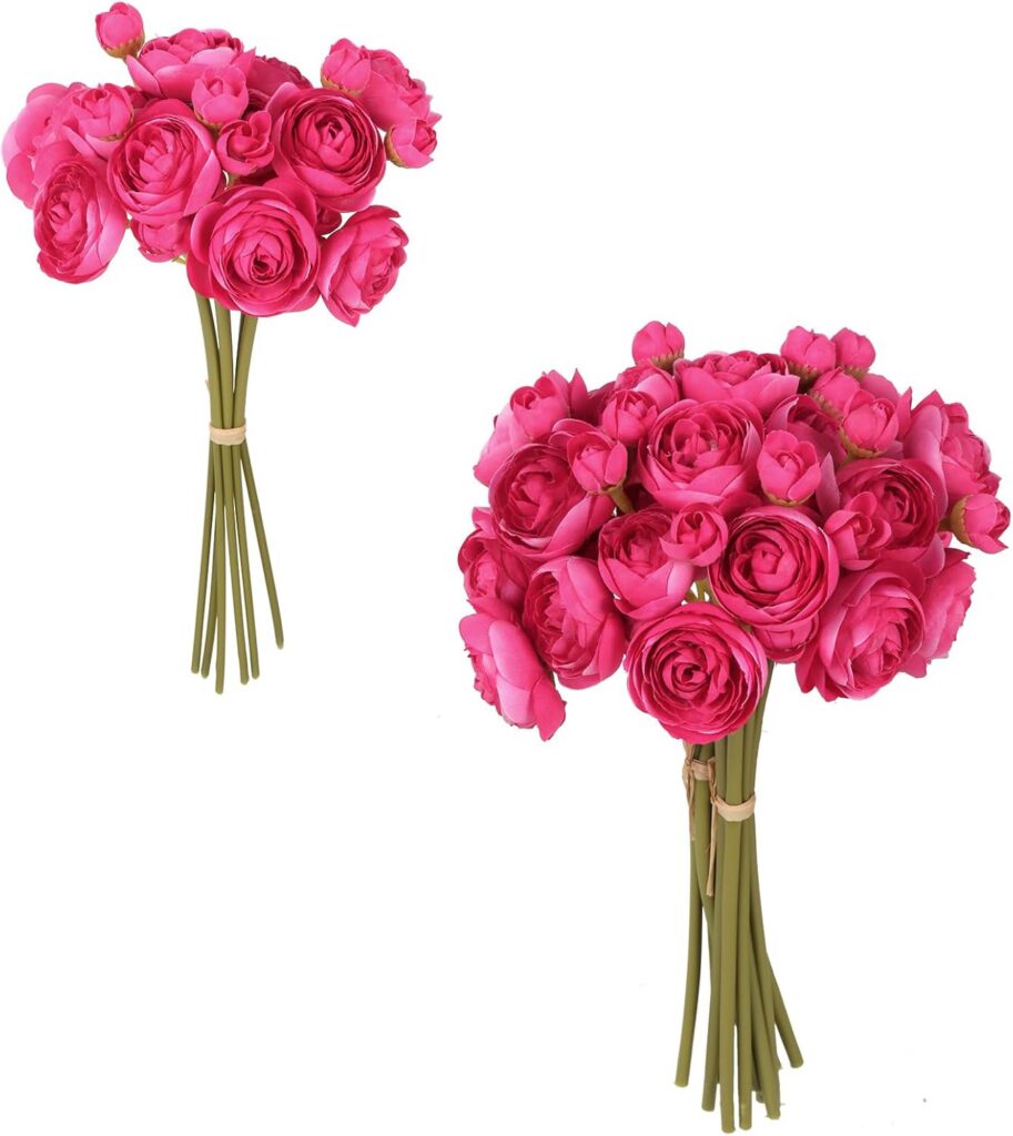 Set of twelve hot pink artificial ranunculus silk flowers with flexible wired stems and realistic layered blooms, perfect for wedding bouquets, floral centerpieces, DIY arrangements, home décor, and decorative vase displays.