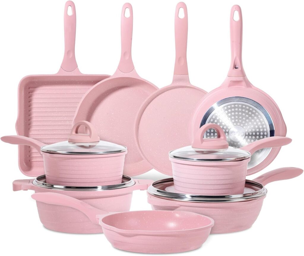 23-piece pink nonstick cookware set with frying pans, saucepans, sauté pan, casserole, grill pan, and glass lids compatible with all stovetops including induction