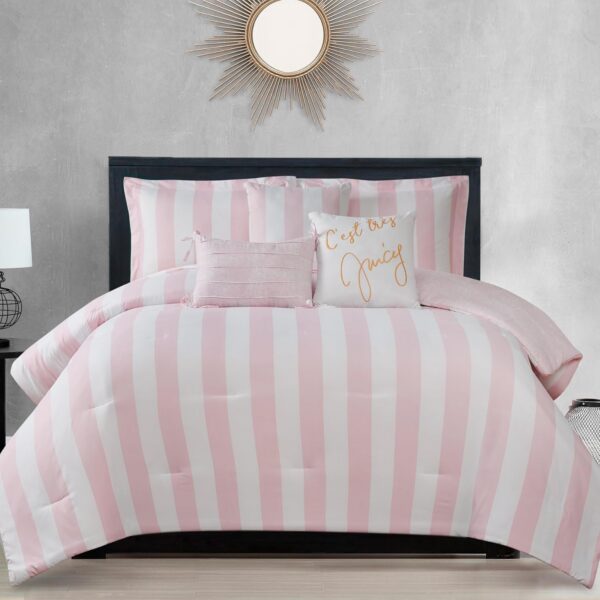 Juicy Couture queen/full reversible comforter set featuring pink and white cabana stripes with matching pillow shams and three decorative accent pillows for glamorous bedroom décor.