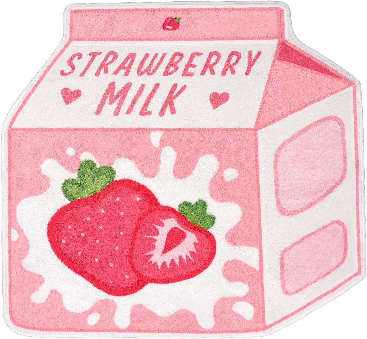 kitcmat-strawberry-milk-pink-bath-mat Cute pink strawberry milk bath mat with soft plush microfiber pile, absorbent surface, and non-slip rubber backing, designed as a playful decorative rug for bathrooms, bedrooms, dorm rooms, and kawaii-inspired spaces.
