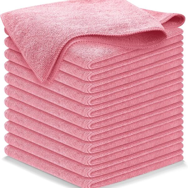 Light pink microfiber cleaning cloths with ultra absorbent lint-free weave for household cleaning, glass, mirrors, and car care