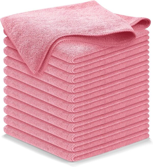 Light pink microfiber cleaning cloths with ultra absorbent lint-free weave for household cleaning, glass, mirrors, and car care