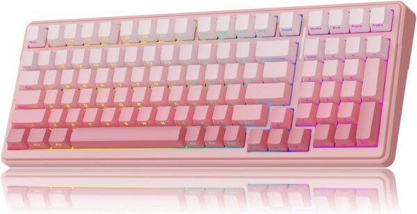 Pink gradient MechLands Aula F99 wireless mechanical keyboard with RGB backlighting, hot-swappable linear switches, gasket-mounted design, number pad, and Bluetooth, 2.4GHz, and USB-C connectivity for gaming and productivity setups.