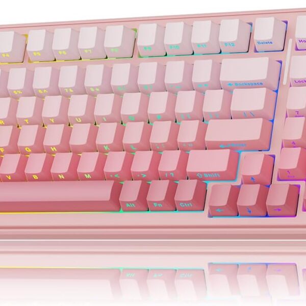 Pink gradient MechLands Aula F99 wireless mechanical keyboard with RGB backlighting, hot-swappable linear switches, gasket-mounted design, number pad, and Bluetooth, 2.4GHz, and USB-C connectivity for gaming and productivity setups.
