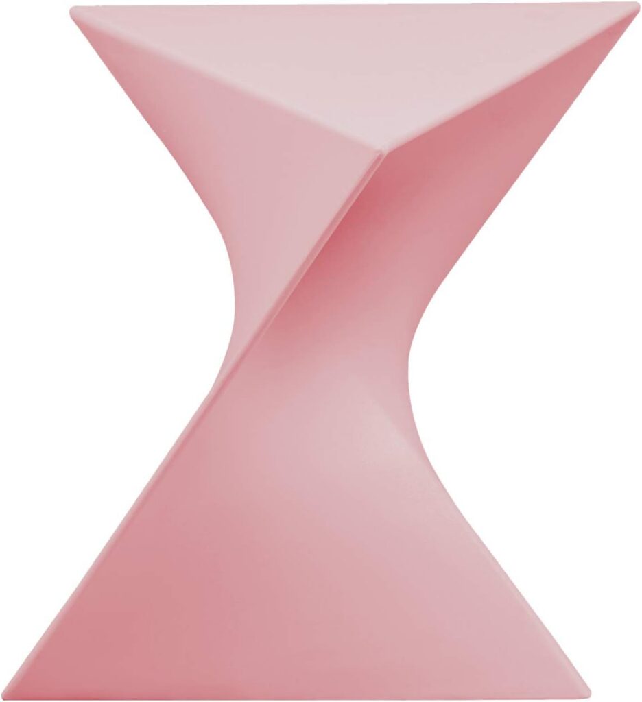 Modern glossy pink triangular accent side table with rounded edges and durable ABS plastic construction, ideal as a compact end table, nightstand, or decorative side table for living rooms and bedrooms.