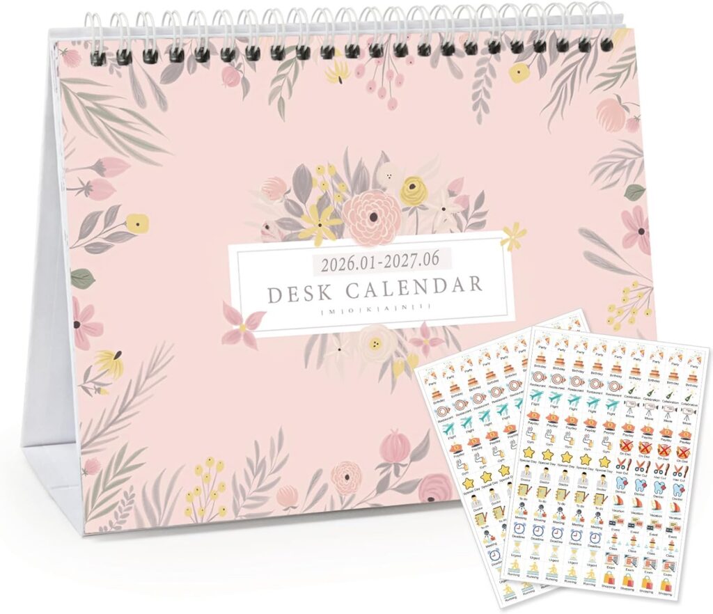 MOKANI 2026–2027 small standing desk calendar featuring an 18-month academic layout, monthly planning pages, holiday markings, decorative designs, and planning stickers for home, office, or school organization.