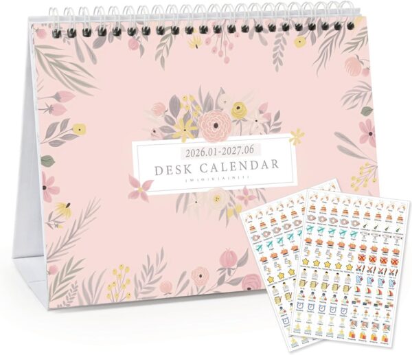 MOKANI 2026–2027 small standing desk calendar featuring an 18-month academic layout, monthly planning pages, holiday markings, decorative designs, and planning stickers for home, office, or school organization.