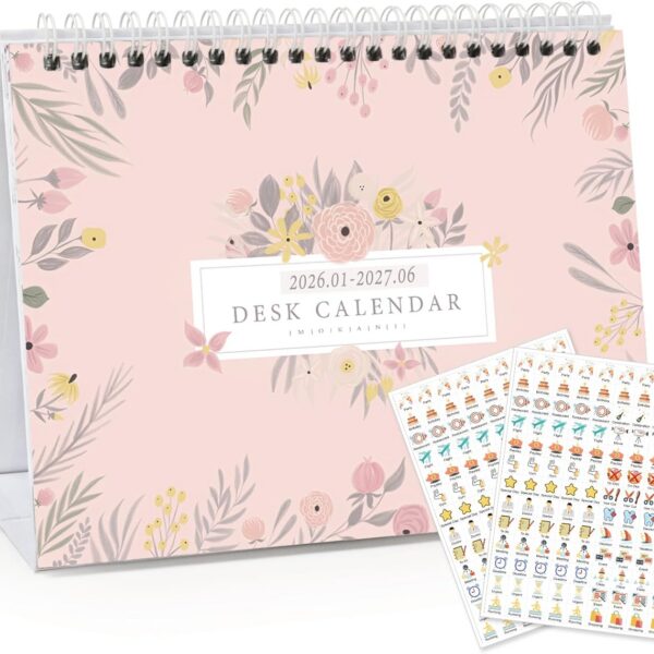 MOKANI 2026–2027 small standing desk calendar featuring an 18-month academic layout, monthly planning pages, holiday markings, decorative designs, and planning stickers for home, office, or school organization.