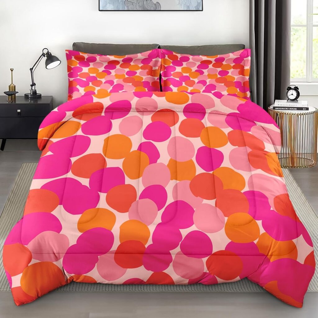 Full-size retro comforter set featuring colorful fruit and botanical leaf patterns in pink and orange tones, including a soft microfiber comforter and matching pillowcases designed for vibrant boho and eclectic bedroom décor.