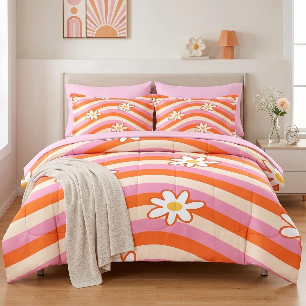 Retro twin bedding set featuring colorful daisies and rainbow patterns with a soft microfiber comforter, fitted sheet, flat sheet, pillowcase, and sham, designed for playful boho and hippie-inspired bedroom décor.