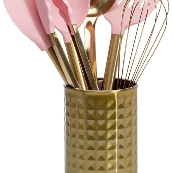 Pink and gold Paris Hilton kitchen utensil set featuring silicone cooking tools, stainless steel whisk and ladle, and a matching countertop tool crock for stylish kitchen organization.