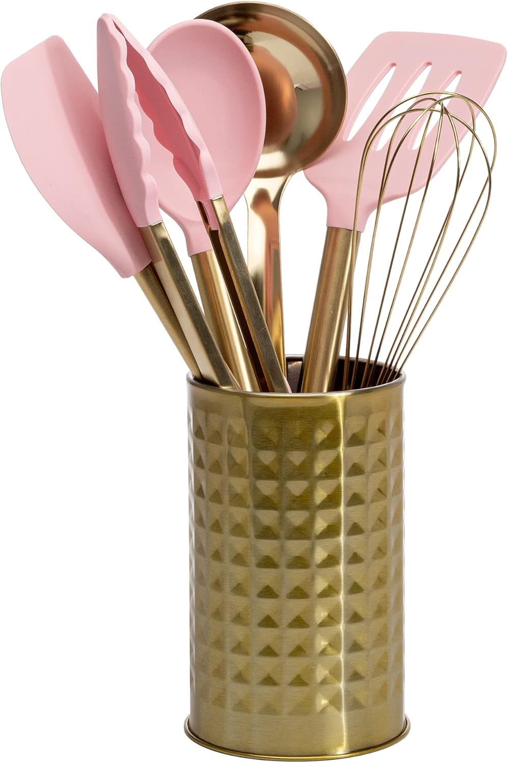 paris-hilton-pink-gold-kitchen-utensil-set-tool-crock Pink and gold Paris Hilton kitchen utensil set featuring silicone cooking tools, stainless steel whisk and ladle, and a matching countertop tool crock for stylish kitchen organization.