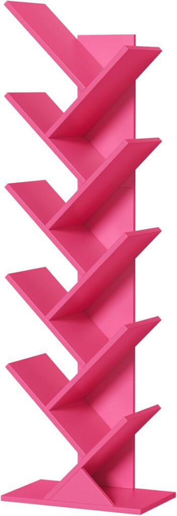 Tall rose pink 10-tier tree bookshelf with a slim freestanding wooden design, offering space-saving vertical storage for books, magazines, décor, and office essentials in bedrooms, living rooms, and home offices.