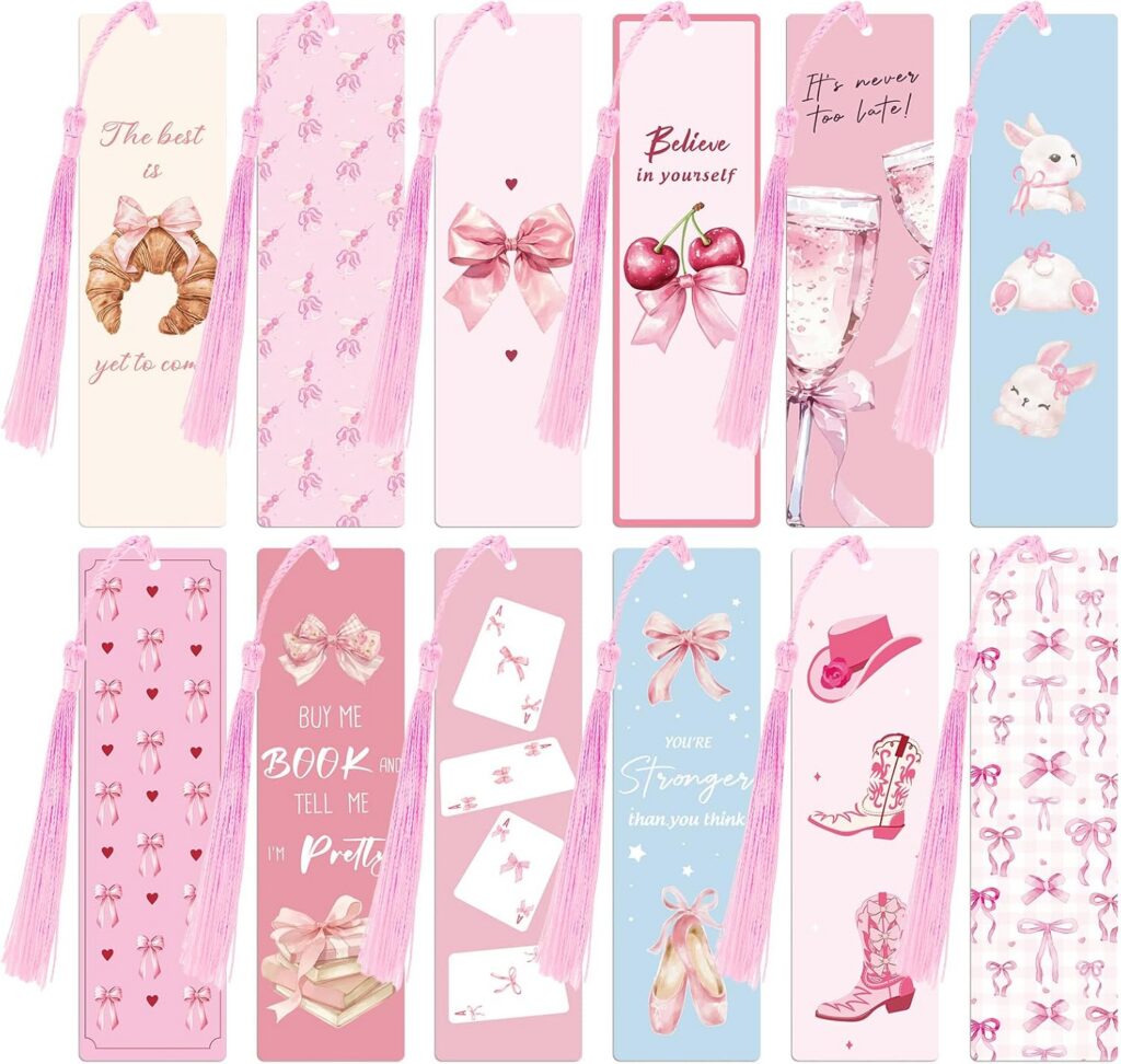Set of 12 pink bow paper bookmarks with tassels and double-sided designs for books, planners, journals, and reading accessories