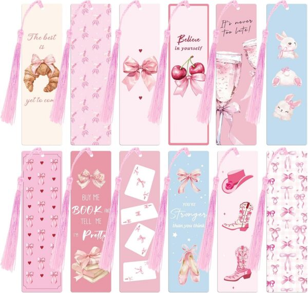 Set of 12 pink bow paper bookmarks with tassels and double-sided designs for books, planners, journals, and reading accessories