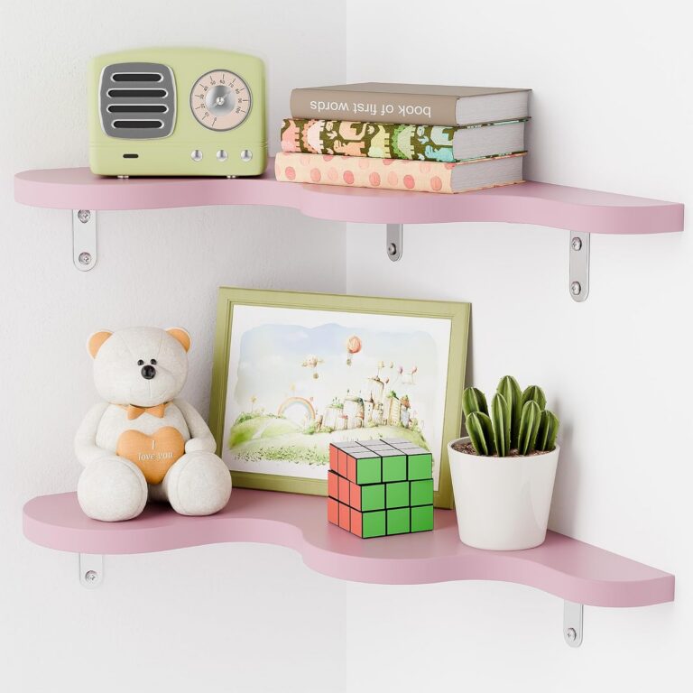 Pink two-tier cloud-shaped floating corner wall shelves made from pine wood with sturdy metal brackets, designed for displaying plants, books, collectibles, and decorative accents in bedrooms, nurseries, bathrooms, and living rooms.