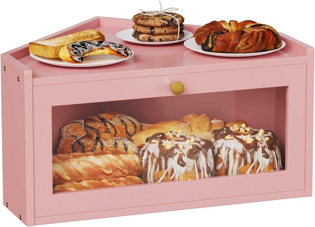Pink corner bamboo bread box with a transparent acrylic magnetic door and flat top, designed to keep bread, rolls, muffins, and baked goods fresh while maximizing kitchen countertop space.