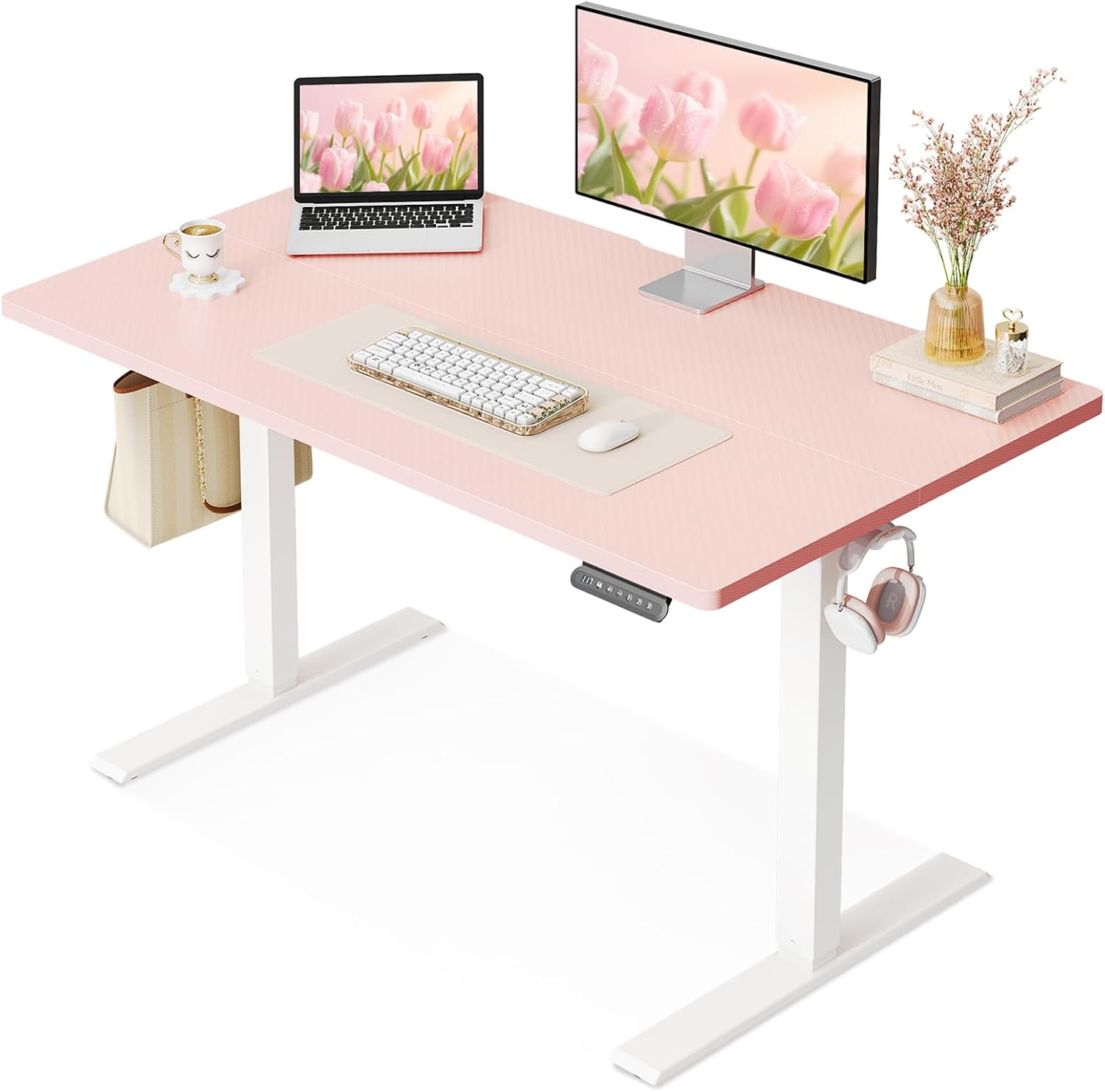 pink-electric-height-adjustable-standing-desk Pink electric standing desk with adjustable height, memory presets, cable notch, and headphone hook for home office and study spaces