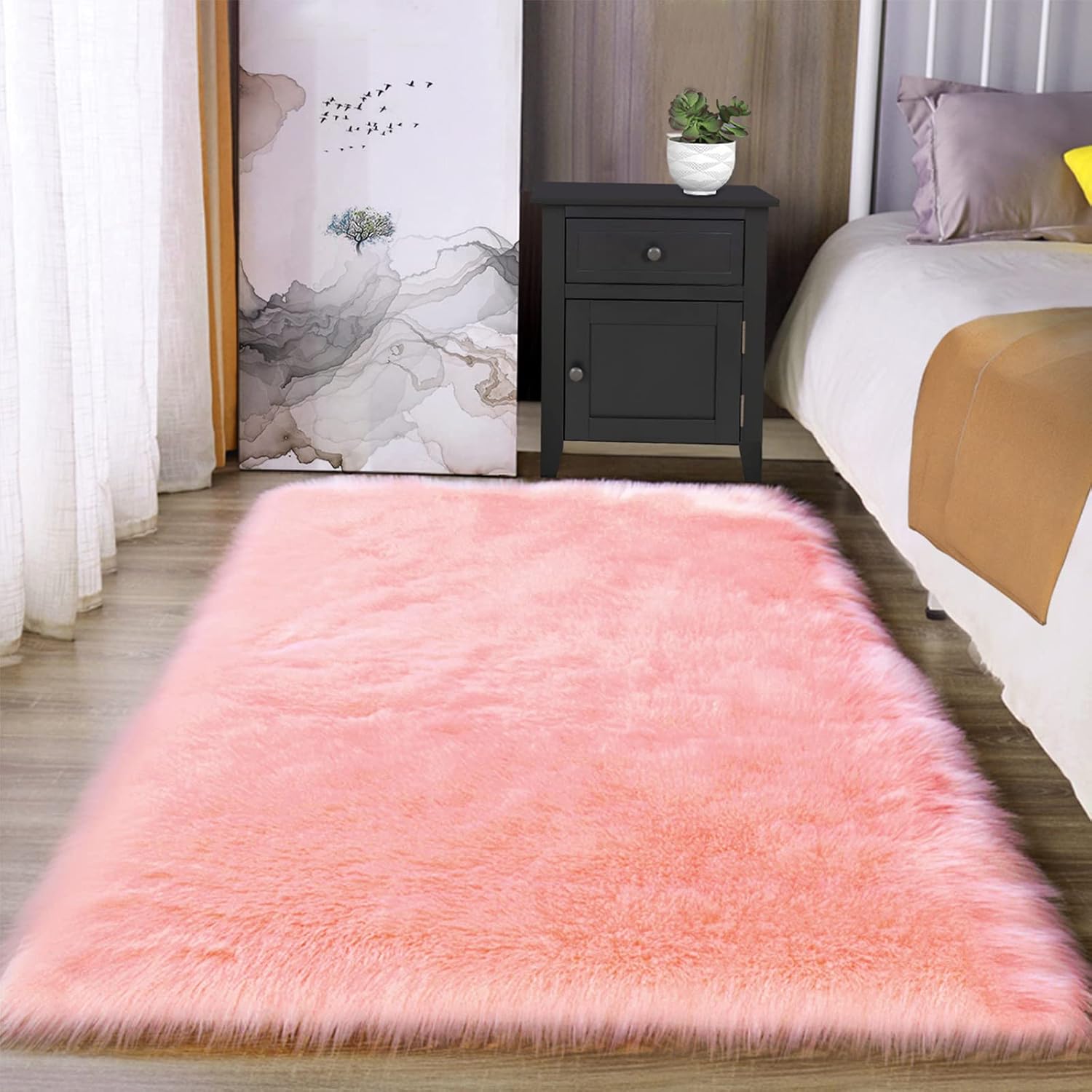 pink-faux-fur-sheepskin-rug-3x5 Pink faux fur sheepskin area rug with fluffy high pile texture for bedrooms, dorm rooms, living spaces, and teen room decor