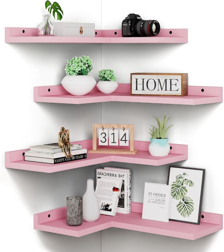 Set of four pink solid pine floating corner shelves with L-shaped wall-mounted design, providing stylish space-saving storage and decorative display for bedrooms, bathrooms, kitchens, living rooms, and offices.