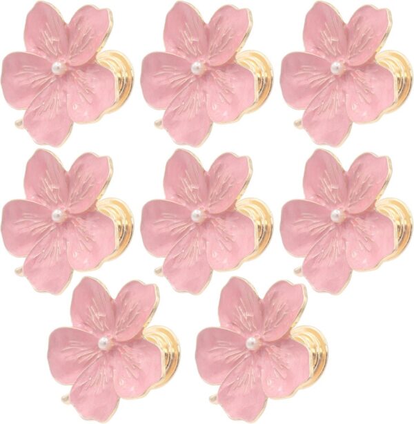 Set of eight pink flower cabinet knobs made from durable zinc alloy with sparkling rhinestone centers, satin metallic finish, and mounting screws for updating dressers, drawers, cabinets, closet doors, and furniture with elegant floral hardware.
