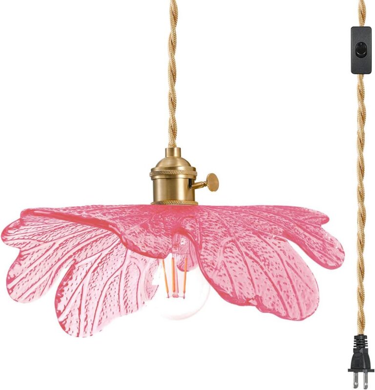 Pink flower-shaped hand-blown glass plug-in pendant light with polished brass hardware, vintage mid-century design, adjustable 14.7-foot cord, and E26 socket for stylish overhead lighting in kitchens, bedrooms, dining rooms, and living spaces.