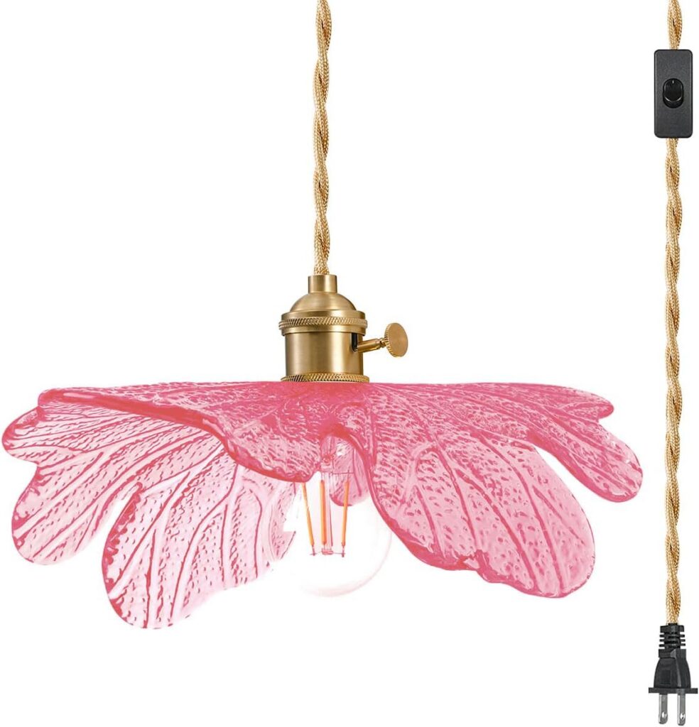 Pink flower-shaped hand-blown glass plug-in pendant light with polished brass hardware, vintage mid-century design, adjustable 14.7-foot cord, and E26 socket for stylish overhead lighting in kitchens, bedrooms, dining rooms, and living spaces.