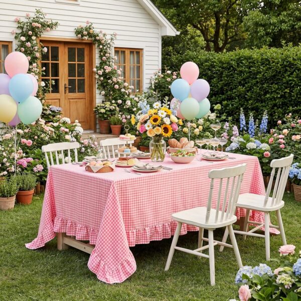 Pink and white gingham cotton tablecloth with ruffled edges styled on a rectangular dining table for farmhouse and cottage-inspired decor
