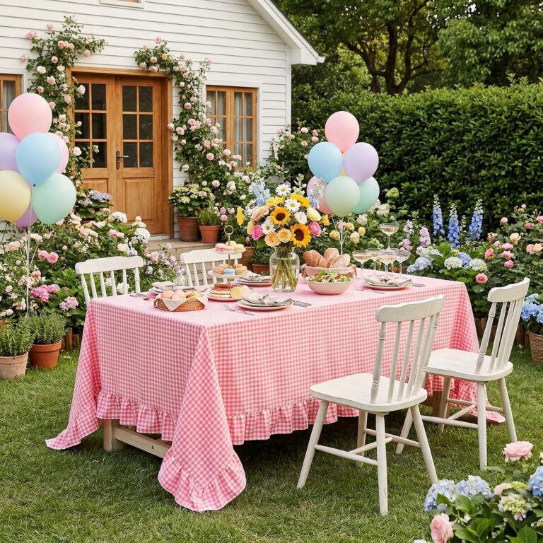 Pink and white gingham cotton tablecloth with ruffled edges styled on a rectangular dining table for farmhouse and cottage-inspired decor