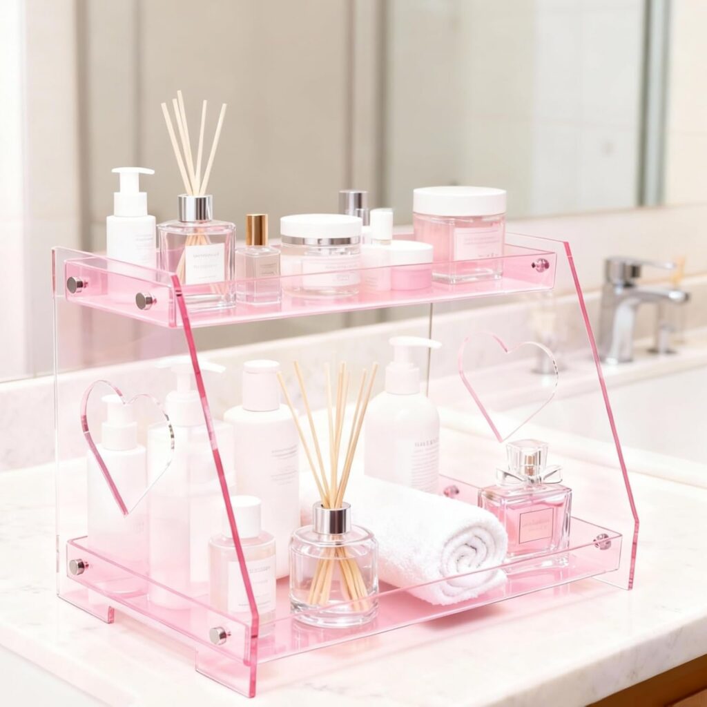 Pink two-tier acrylic countertop organizer with decorative heart accents, designed for storing makeup, skincare, perfume, coffee bar accessories, spices, and bathroom essentials on vanities and countertops.