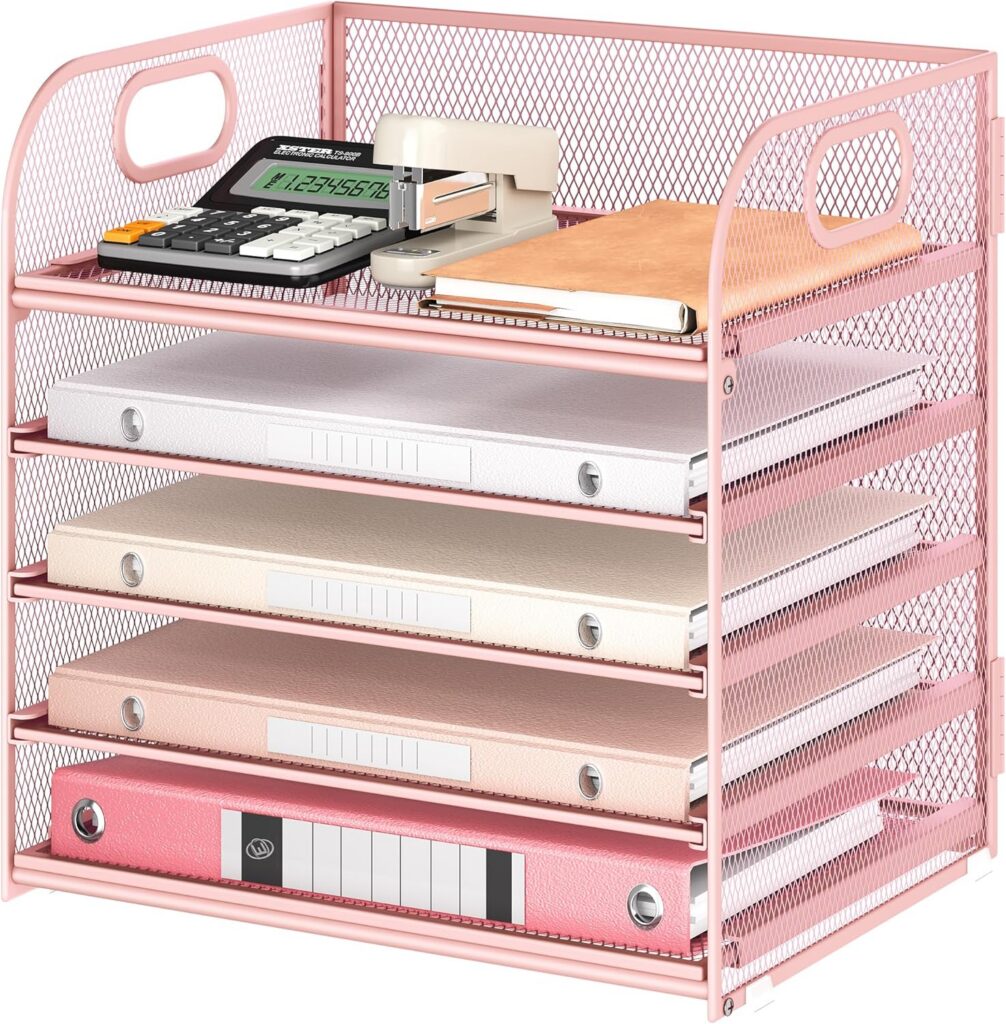 Pink 5-tier metal mesh desk organizer with sliding paper trays and handle for office documents and file storage