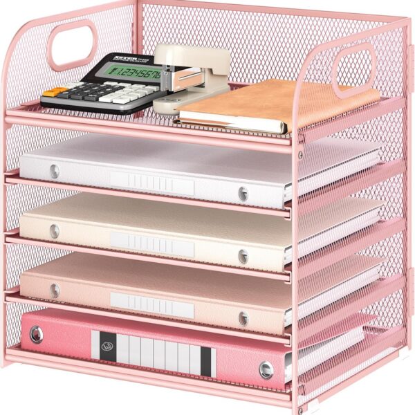Pink 5-tier metal mesh desk organizer with sliding paper trays and handle for office documents and file storage