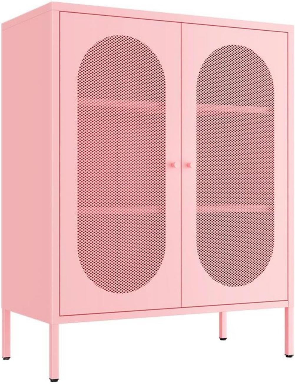 pink-metal-locker-storage-cabinet-mesh-door Pink metal storage cabinet with mesh doors, adjustable shelves, and raised legs for office, entryway, and home organization