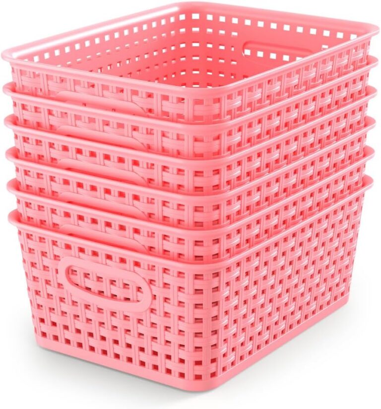 Set of six pink woven-style polypropylene plastic storage baskets with stackable rectangular design for organizing pantry shelves, cabinets, bathrooms, offices, classrooms, and household essentials.