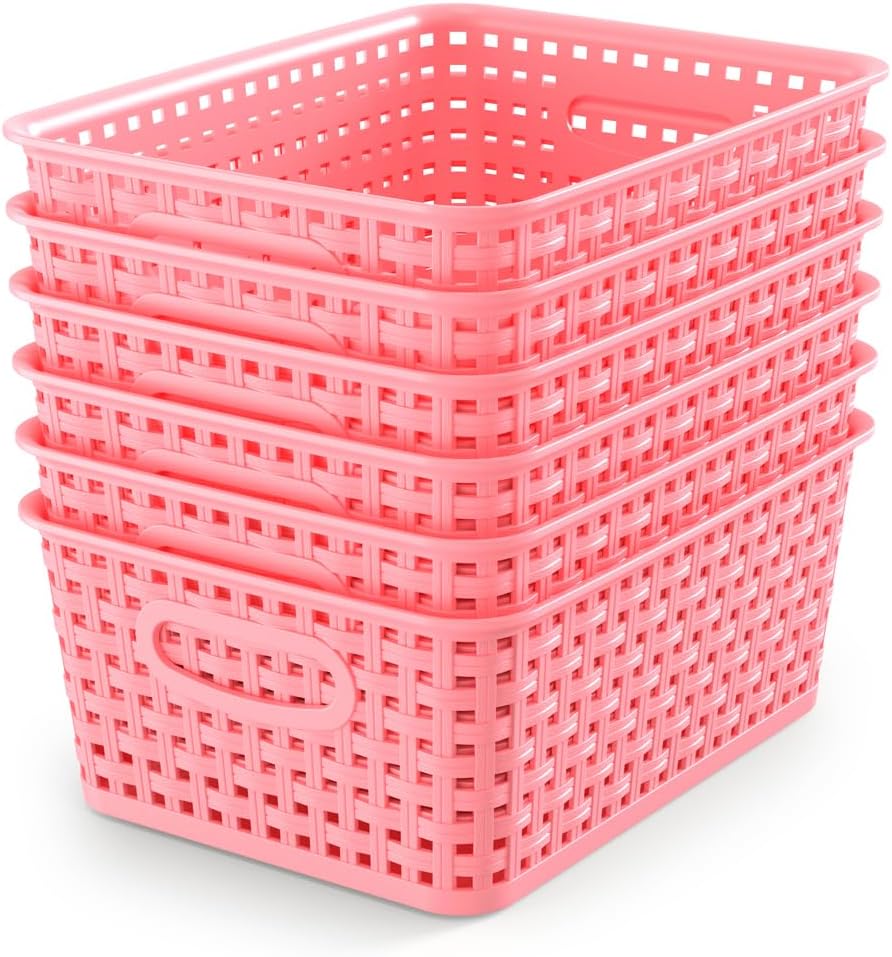 Set of six pink woven-style polypropylene plastic storage baskets with stackable rectangular design for organizing pantry shelves, cabinets, bathrooms, offices, classrooms, and household essentials.