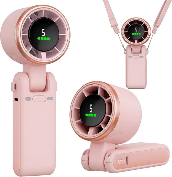 Pink rechargeable handheld turbo fan with 5 speed settings, foldable design, Type-C charging, and portable travel-friendly construction