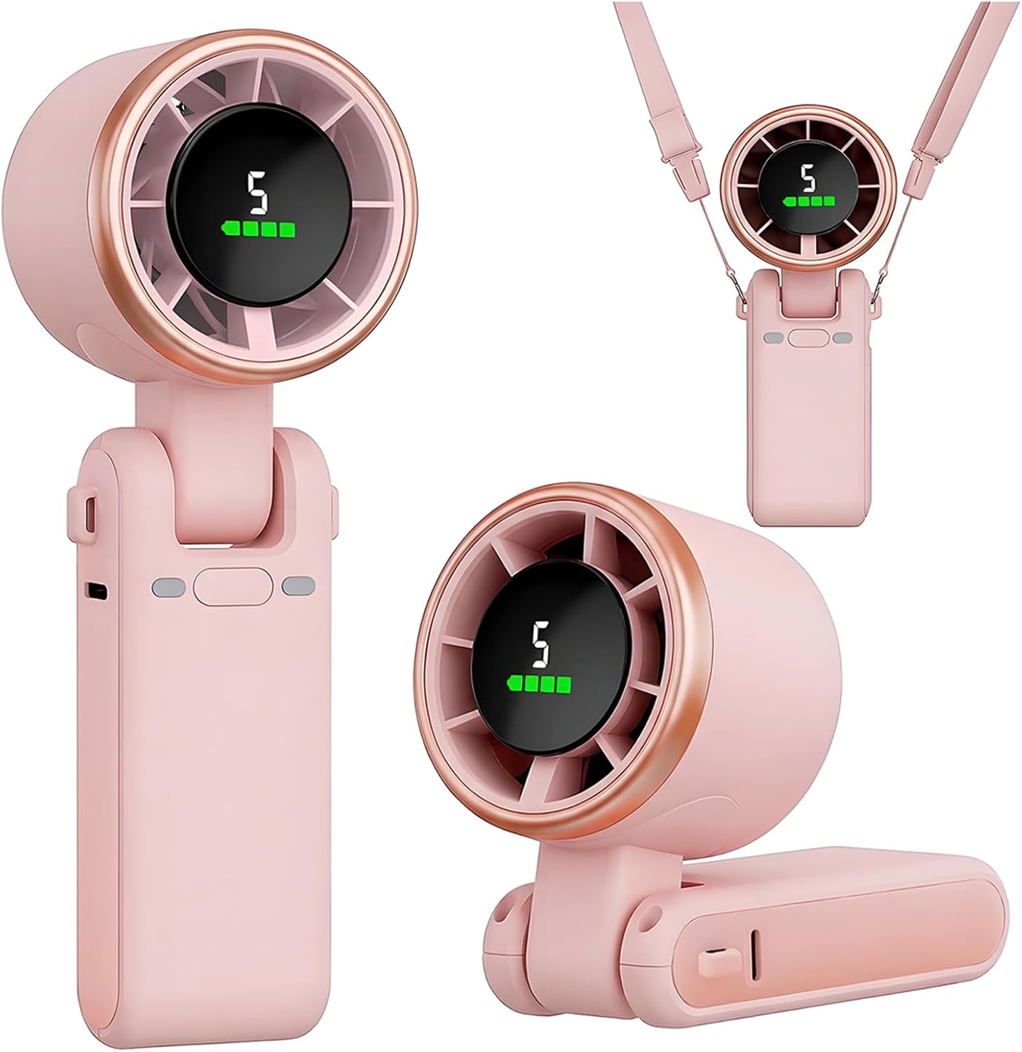 pink-portable-turbo-handheld-fan Pink rechargeable handheld turbo fan with 5 speed settings, foldable design, Type-C charging, and portable travel-friendly construction