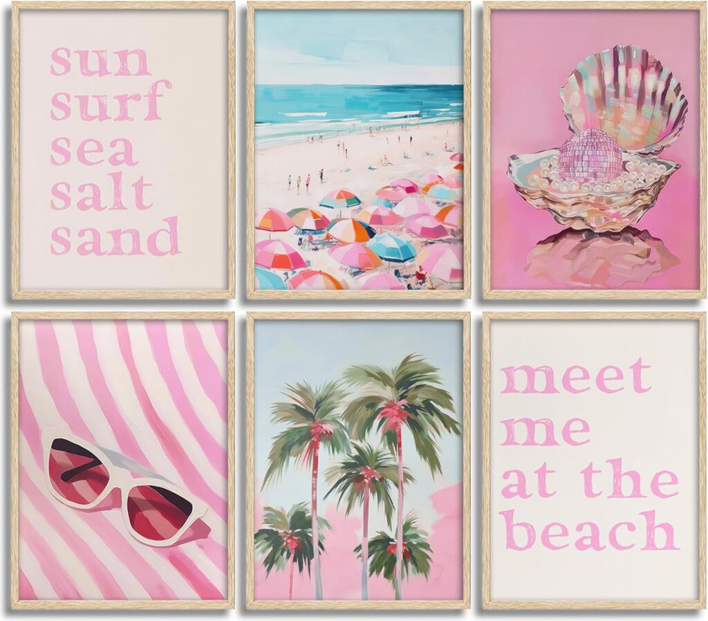 Set of six pink coastal canvas posters featuring beach-inspired artwork with shells and palm trees for teen bedrooms and dorm décor