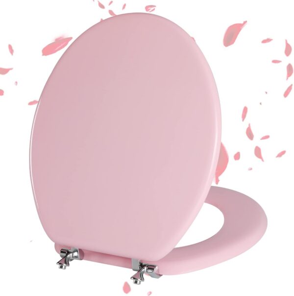 Pink round wooden toilet seat with a high-gloss scratch-resistant finish, rust-resistant zinc alloy hinges, and durable waterproof construction designed to fit most standard round toilets for a stylish modern bathroom upgrade.