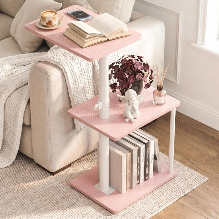 Pink adjustable C-shaped side table with a 360-degree swivel tabletop and three-tier storage shelves for use beside sofas, recliners, or beds in small living spaces.