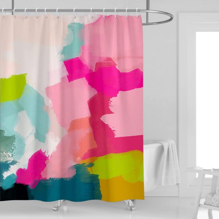 Modern pink and teal watercolor ombre shower curtain made from waterproof polyester with an abstract artistic design, light-filtering fabric, reinforced grommets, and 12 included hooks for stylish contemporary bathroom décor.