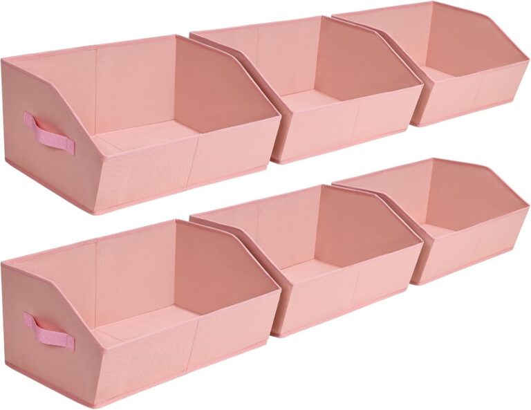 Set of six pink trapezoid fabric storage baskets with reinforced construction, built-in handles, and open-front design for organizing closet shelves, cubbies, books, clothing, towels, and household essentials.